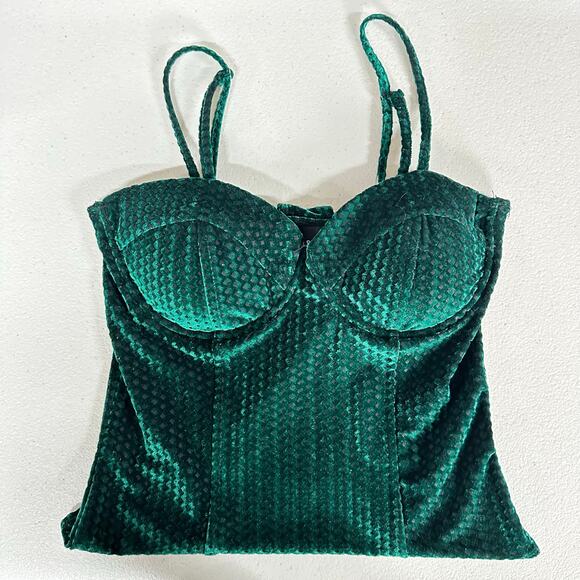 Lulu's Flirty Feelings Emerald Green Velvet Bustier Bodysuit- Women's Size Small - Picture 4 of 4